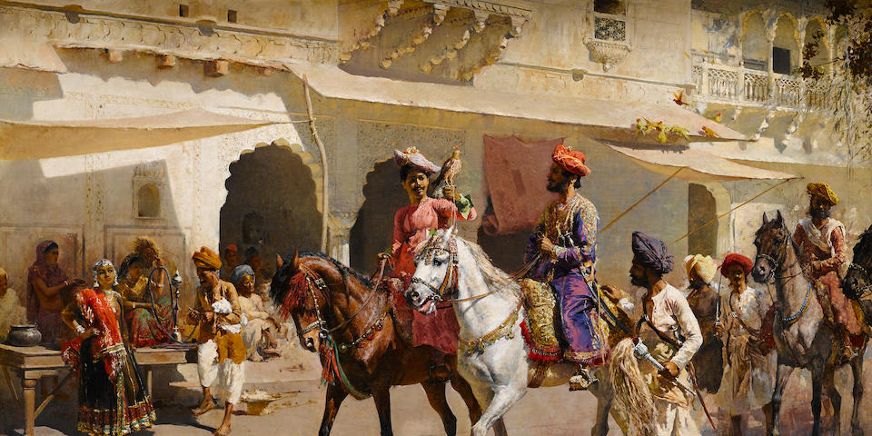 Edwin Lord Weeks (American, 1849-1903) Start for the Hunt at Gwalior  34 1/4 x 52 1/4in (86.9 x 132.7cm)
