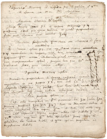 NEWTON, ISAAC, SIR. 1642-1727. Autograph Manuscript in Latin and English, 4 full and 2 partial pp on conjoined leaves, 4to (200 x 155 mm), n.p., c. early 1670s], entitled: "Praeparatio mercurij ad lapidem per regulu/ am ferrum et Lunam , ex mss. Phi Americani" [Preparation of mercury to a stone through metallic antinomy and silver: from a manuscript of an American philosopher],