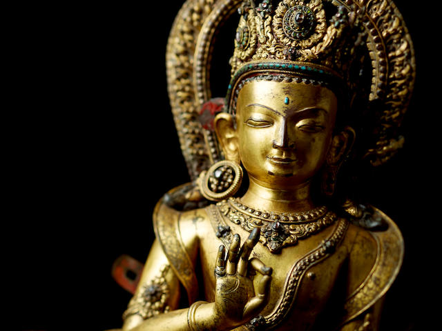 A gilt copper repouss&#233; figure of a bodhisattva Nepal, circa 16th century