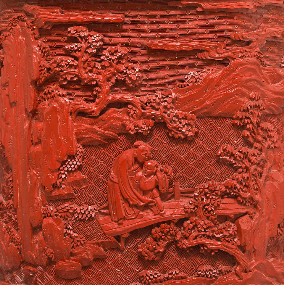A fine cinnabar lacquer square brushpot, bitong Qianlong four-character mark and of the period