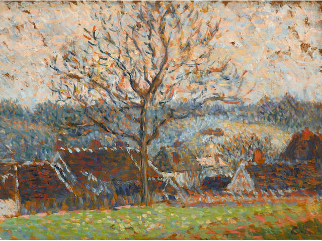 CAMILLE PISSARRO (1830-1903) Paysage avec maisons, environs d'&#201;ragny 6 1/2 x 9 1/2 in (15.7 x 23.6 cm) (Painted in 1888)