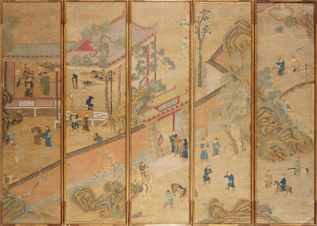 A group of five embroidered silk landscape panels with painted details 18th/19th century