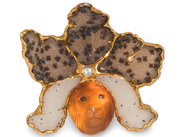A carved citrine, druzy agate, diamond and 18k gold brooch, Elizabeth Gage,