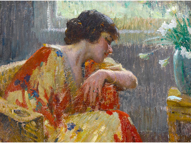 Matteo Sandona (American, 1881-1964) In her Kimono 36 x 28 5/8in (overall: 42 1/2 x 35 1/2in)
