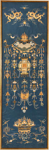 A blue silk ground vertical panel embroiderd in gilt-wrapped threads 19th century
