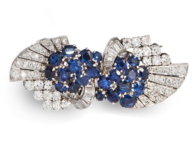 An Art Deco sapphire and diamond double clip brooch,
