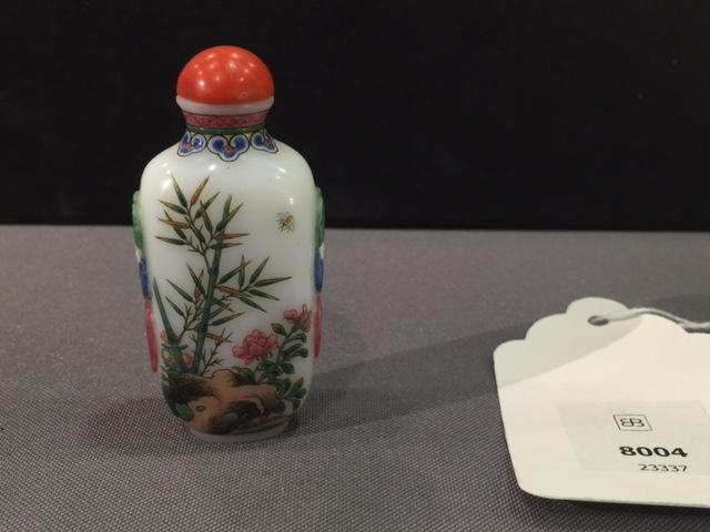 A famille rose enameled white glass snuff bottle Qianlong mark, attributed to Ye Bengqi, 1930's