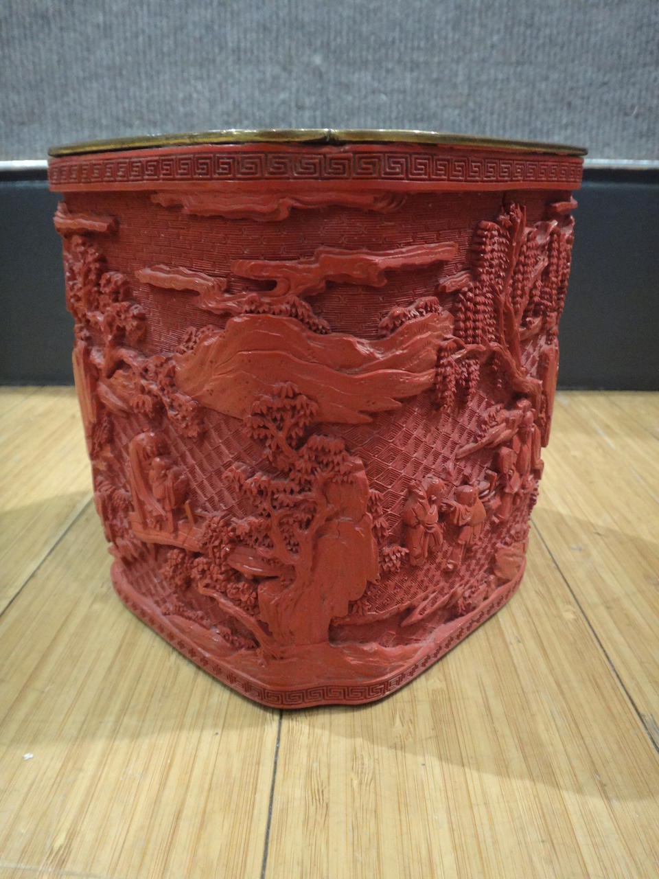 A fine cinnabar lacquer square brushpot, bitong Qianlong four-character mark and of the period