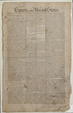 Bonhams Isaiah Thomas Annotated Copy Of The Thanksgiving Proclamation Washington George 1732 1799 Gazette Of The United States New York Published By John Fenno October 7 1789 Bonhams Isaiah Thomas Annotated Copy Of The Thanksgiving Proclamation Washington George 1732 1799 Gazette Of The United States New York Published By John Fenno October 7 1789