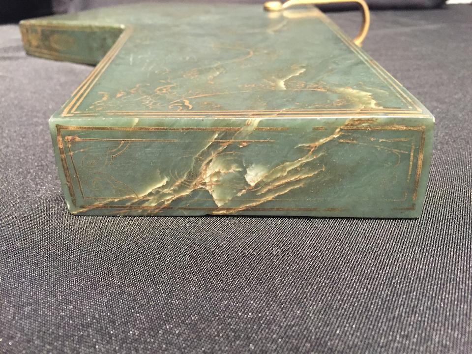 An Imperial gilt-decorated spinach jade musical chime, qing Dated Qianlong 29th year, corresponding to 1764, the gilding later