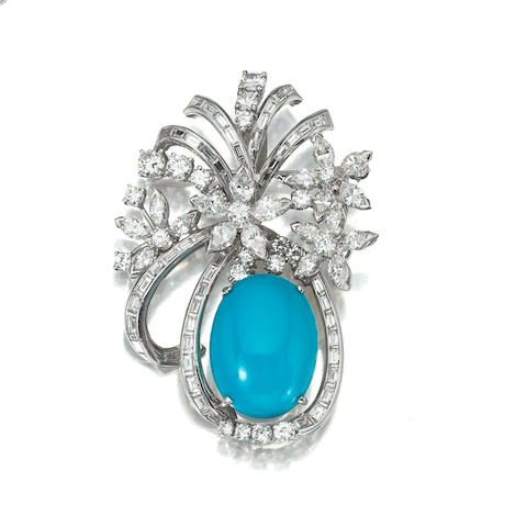 Bonhams : A turquoise and diamond brooch