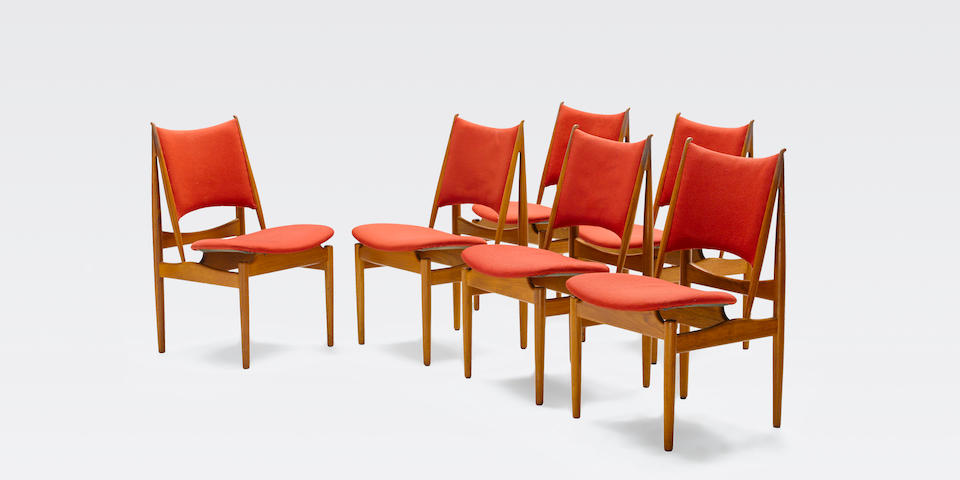 Finn Juhl (1912-1989) Set of six Egyptian chairsdesigned 1949, for Niels Vodder, teak, wool upholstery, branded mark to frames Cabinetmaker Niels Vodder Copenhagen Denmark Design Finn Juhlheight 35 1/2in (89cm); width 22 3/4in (58cm); depth 21 1/2in (54.5cm) (6)