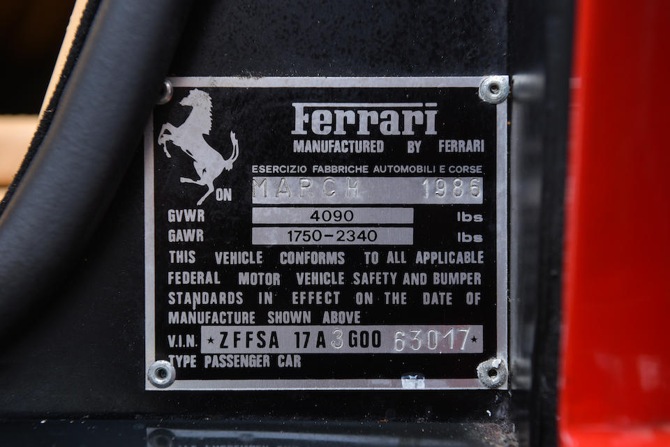 <i>Fewer than 3,800 original miles</i><BR /><B>1986 FERRARI TESTAROSSA<BR />Coachwork by Pininfarina<br /><br />VIN. ZFFSA17A3G0063017</B><BR />Engine no. 00269
