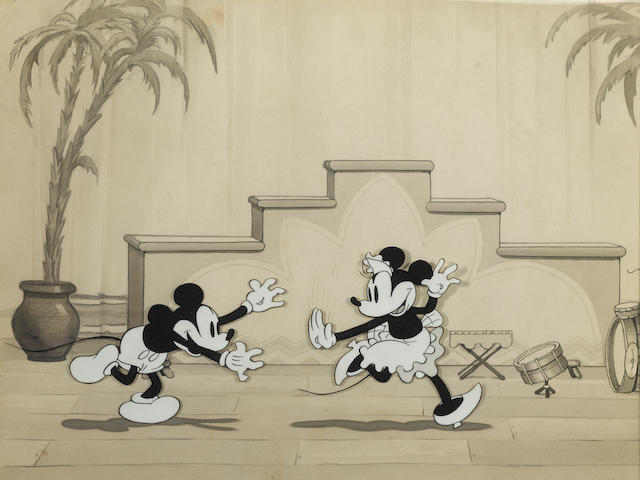 A black and white celluloid of Minnie and Mickey Mouse from Mickey's Steam Roller