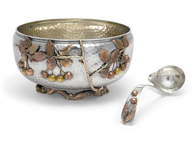 An American  sterling silver and mixed-metal  Japanese style punch bowl and ladle by Gorham Mfg. Co., Providence, RI, 1881