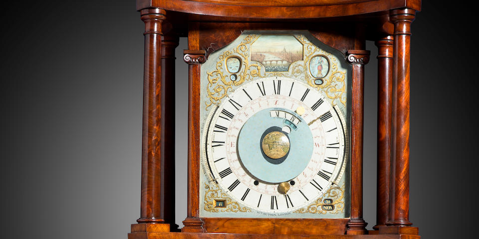 The remarkable Astronomical / Tidal clock of James Ferguson showing High Water at London Bridge The dial and its wheelwork attributed to Ferguson, the motion work and clock movement supplied by William Dutton, circa 1775, the mahogany display case probably late 18th / early 19th century