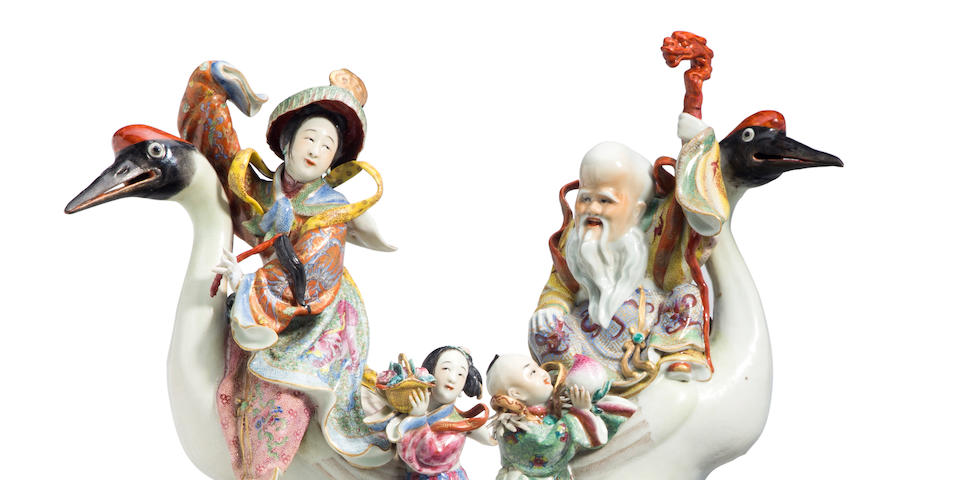 A pair of famille rose enameled figures of Immortals on cranes  Fang Hexing zao mark, Republic period