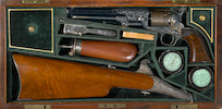 Thumbnail of An engraved Colt Model 1851 Navy percussion revolver with shoulder stock in deluxe casing image 1