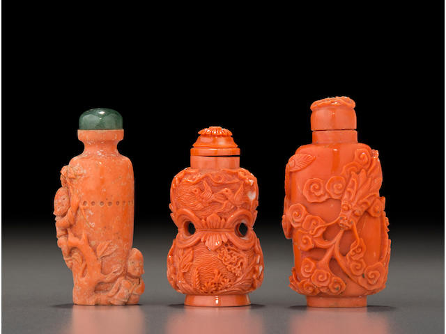 Three carved coral snuff bottles  Late 19th to 20th century