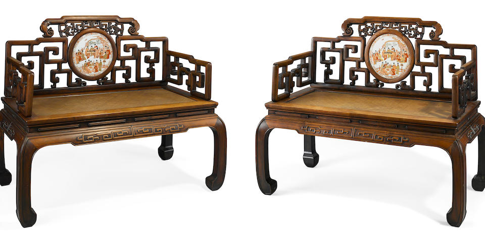 A pair hardwood settees inset with porcelain plaques Late Qing/Republic period