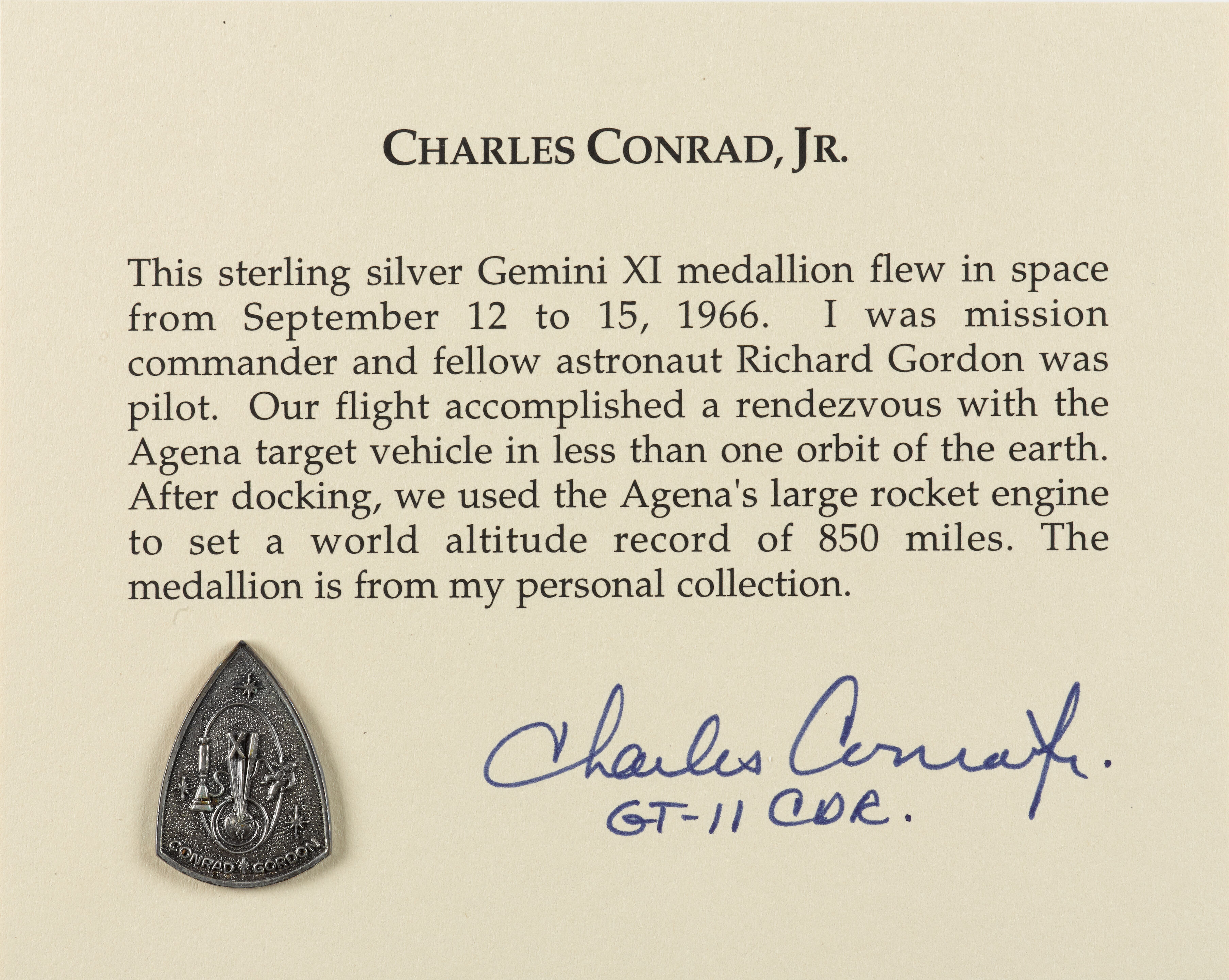 Bonhams Conrad S Medallion Carried On Gemini 11 Flown Gemini 11 Medallion Made From Sterling Silver 1 X Inches