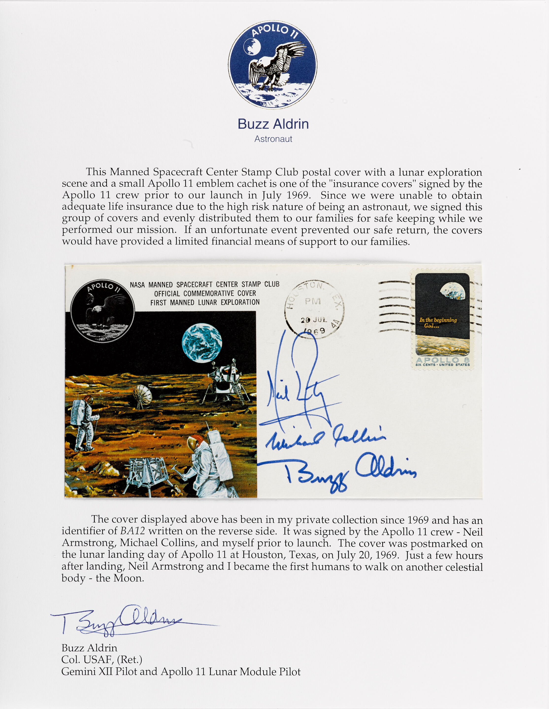 Bonhams Aldrin S Apollo 11 Crew Signed Postal Cover Life