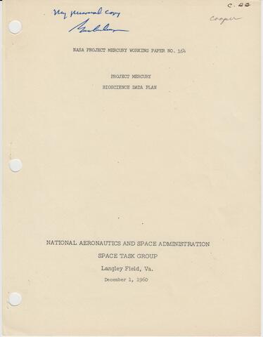 Bonhams Gordon Cooper S Internal Document From Langley Field Va Signed Included Is Cooper S 7 Page Mercury Astronaut Biographies Document Project Mercury Bioscience Data Plan Nasa Project Working Paper No 164