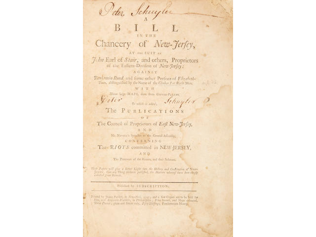 FRANKLIN, BENJAMIN, printer. 1706-1790. A Bill in the Chancery of New-Jersey, at the Suit of John Earl of Stair, and others, Proprietors of the Eastern-Division of New-Jersey; against Benjamin Bond, and some other Persons of Elizabeth-Town, distinguished by the Name of the Clinker Lot Right Men.... New York: Printed by James Parker, and a few copies are to be sold by him. Philadelphia: [printed by] Benjamin Franklin, 1747.