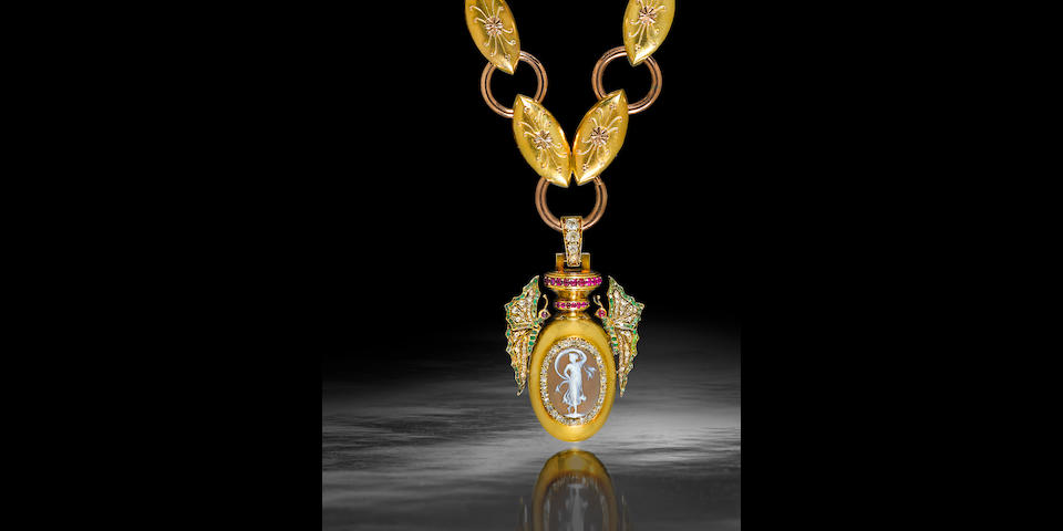 A 19th century agate cameo, gem-set and gold urn pendant, together with a bi-color gold chain