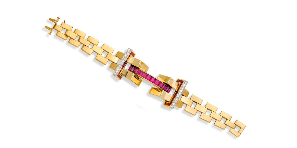 A retro diamond, synthetic ruby and gold bracelet,