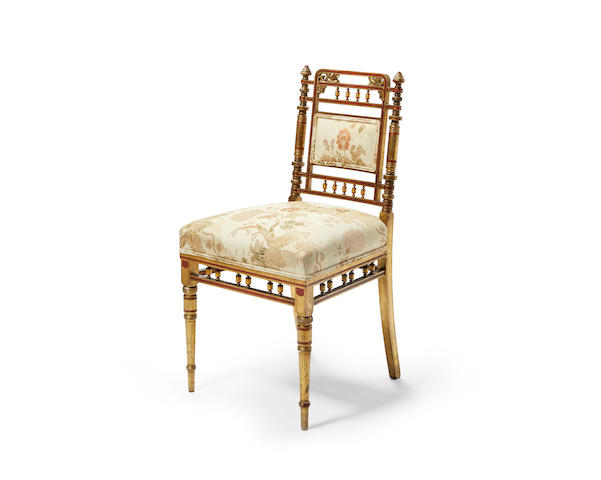 A fine American parcel paint decorated giltwood and marquetry inlaid side chair Executed by Herter Brothers, New York, most likely commissioned for the Mark Hopkins residence, San Francisco circa 1878