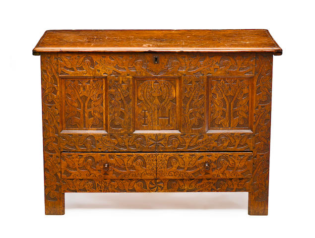 The extraordinary Hovey-Wadsworth Family joined oak and pine "Hadley" chest with single drawer Massachusetts early 18th century