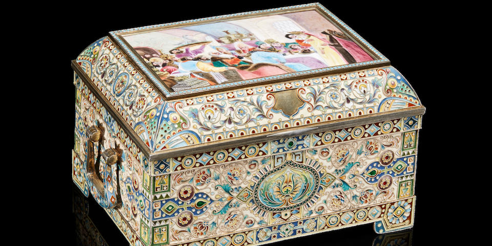 A silver-gilt and filigree enamel pictorial casketKhlebnikov, Moscow, 1908-1917, with Dutch import marks