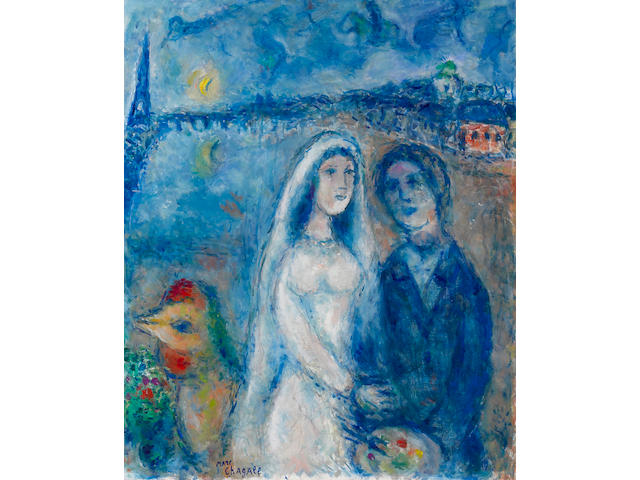 Marc Chagall (1887-1985) Les mari&#233;s sur fond de la Tour Eiffel 24 x 19 5/8 in (61 x 50 cm) (Painted circa 1982-83)