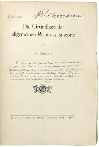 EINSTEIN, ALBERT. 1879-1955. Die Grundlage der allgemeinen Relativit&#228;tstheorie. Leipzig: Johann Ambrosius Barth, 1916.