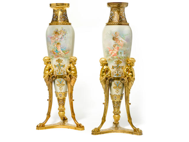 An impressive pair of French gilt bronze champlev&#233; and porcelain vases late 19th/early 20th century