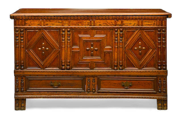 A Pilgrim century pine and oak paneled front chest late 17th century