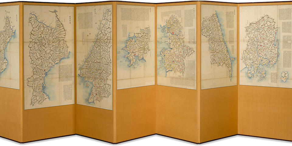 A ten-panel map screen of Korea Joseon Dynasty (1392-1897), early 19th century