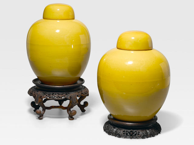 A pair of yellow glazed ginger jars and covers Late Qing/Republic period
