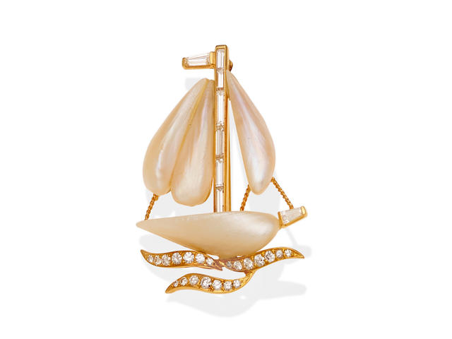 A river pearl, diamond and gold-plated platinum sailboat brooch, Ruser