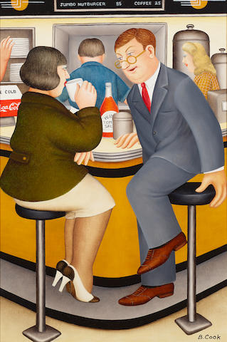 Beryl Cook (British, 1926-2008) The Loved One (Diner) 21 1/2 x 14 3/4in (55 x 37cm)