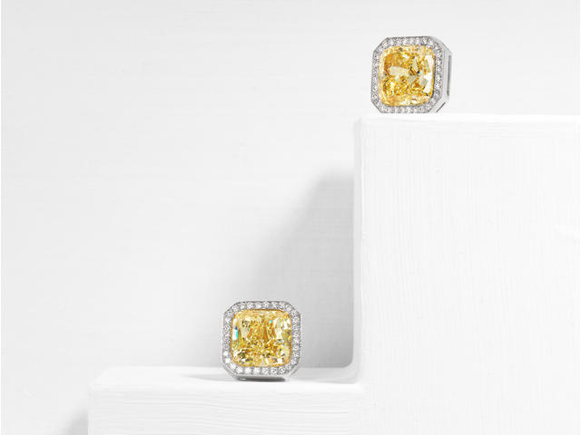 A pair of fancy colored diamond and diamond earrings, William Goldberg