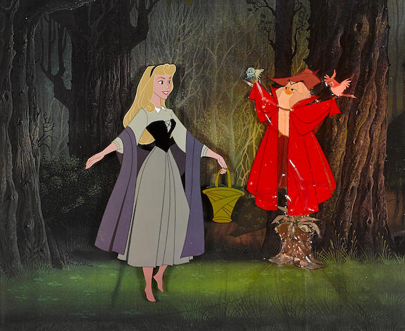 A celluloid of Briar Rose and Owl from Sleeping Beauty