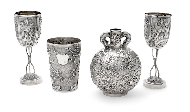 An assembled four-piece group of Asian Export silver hollowware and accessories the bottle vase Chinese by Hung Chong, Canton & Shanghai and other makers late 19th-20th century image 1