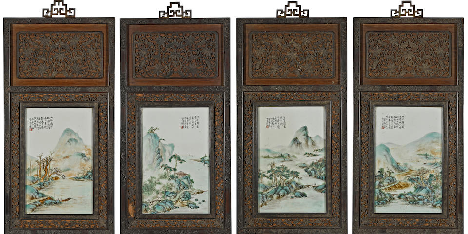 A set of four polychrome enameled porcelain landscape plaques  Tian Hexian, Dated by inscription to 1933