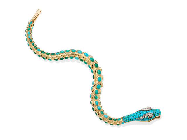 An antique turquoise, diamond, ruby and gold snake bracelet,