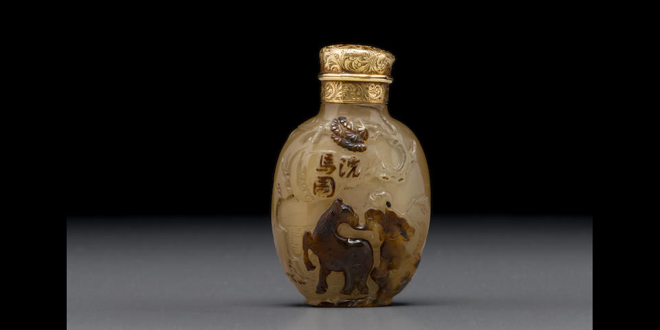 An inscribed chalcedony snuff bottle carved with a figure grooming a horse Suzhou, School of Zhiting, 1750-1830