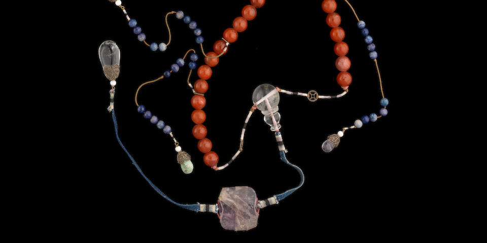 A rock crystal and carnelian court necklace, chaozhu Qing dynasty elements