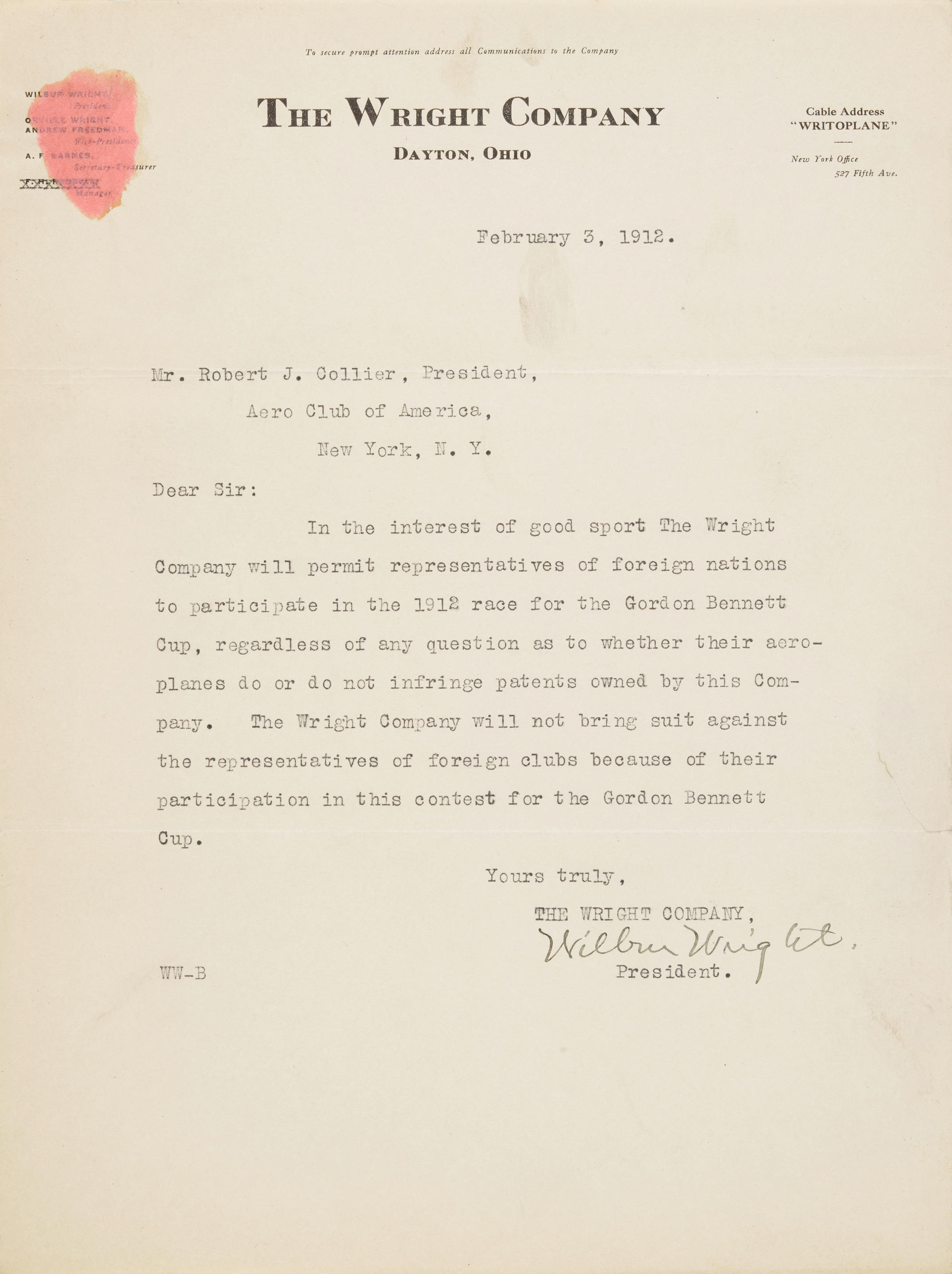 WILBUR WRIGHT ASSURES ROBERT COLLIER HE WILL NOT INTERFERE WITH THE GORDON...