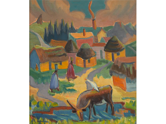 Maggie (Maria Magdalena) Laubser (South African, 1886-1973) Landscape with Houses, Figures and a Cow